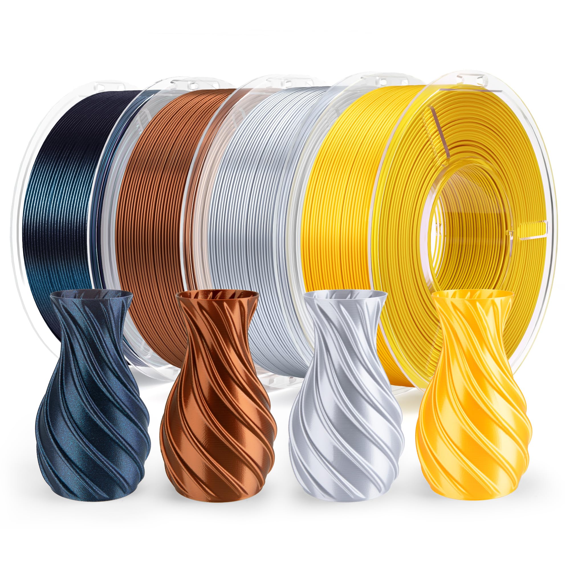ELEGOO Filamento Seta PLA 1,75 mm Multicolore 4×250 g, Silk PLA Filamento per Stampante 3D Precisione dimensionale +/- 0,02 mm, Set da 4 bobine da 250 g, Oro/Grigio Argento/Rame/Nero Galassia