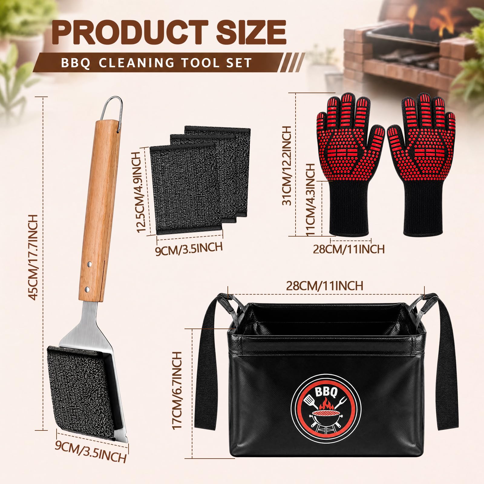 Sawysine Juego de 6 herramientas para barbacoa, cepillo de limpieza sin cerdas con 3 cabezales de repuesto, guantes resistentes al calor, cubo de agua plegable de 15 l para acampar al aire libre