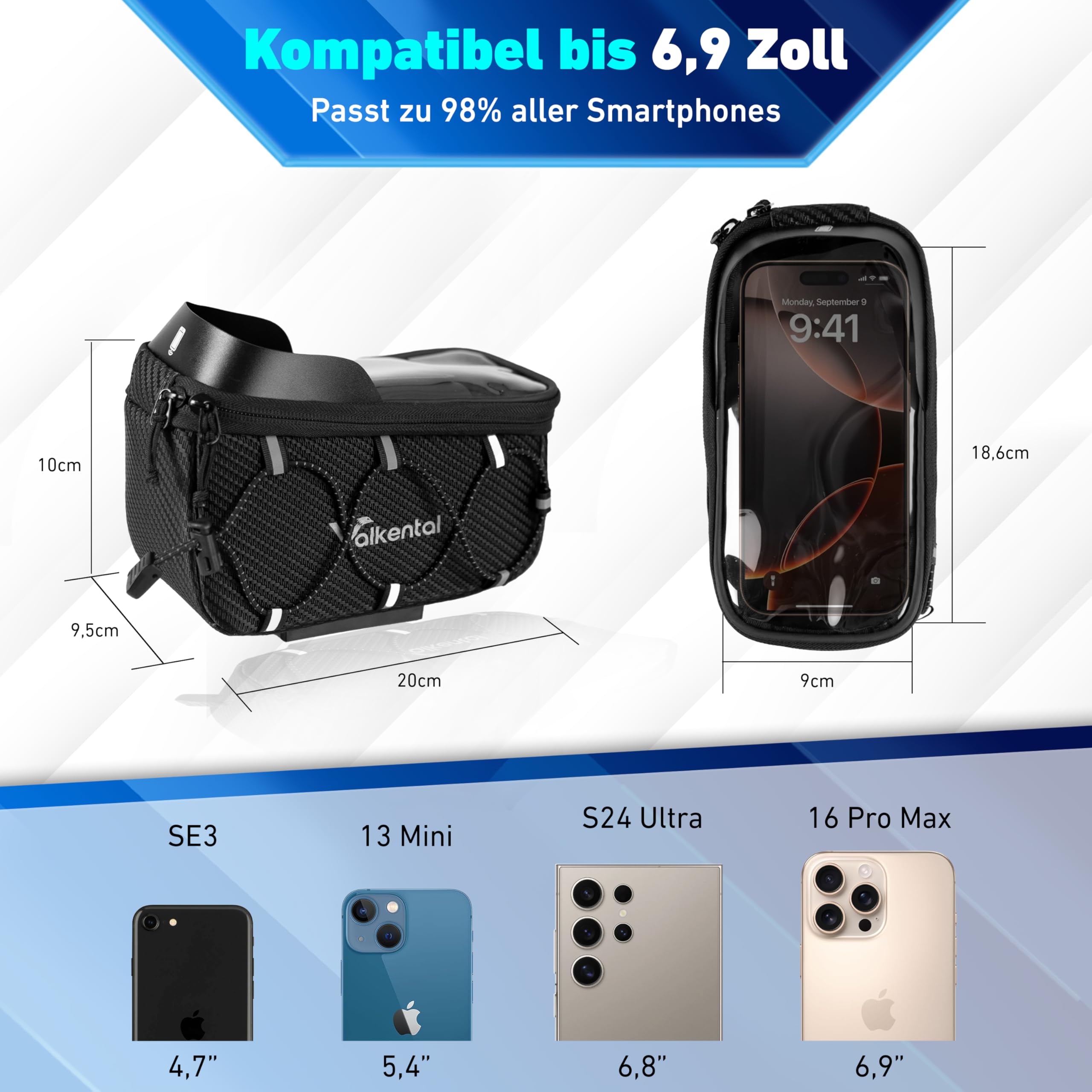 Valkental® Fahrrad Rahmentasche [Innovativer Adapter] Wasserfeste Oberrohrtasche mit Schnellspanner für Ebike, Rennrad & MTB [Viel Platz] Fahrradtasche Rahmen Handy – Handytasche mit sensibler Folie