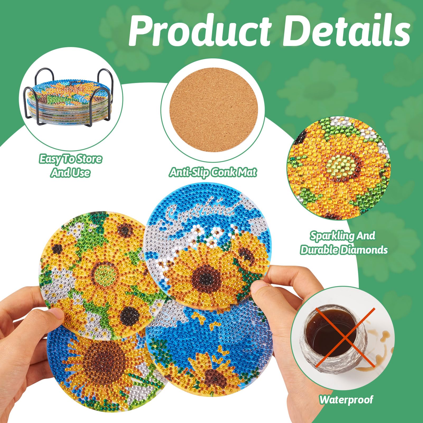 Beadthoven 8pcs Diamond Painting Coasters with Holder Daisy Sunflower Pattern Diamond Art Cup Mat Kits with Tools for DIY Cup Drinks Coasters Desktop Decorations - Image 4