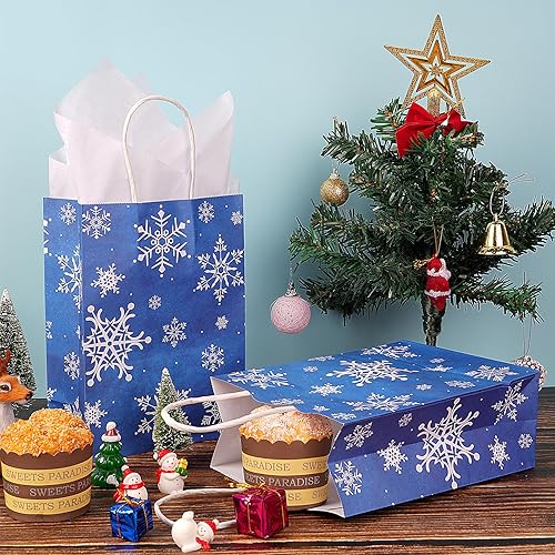 Miniatura 4 de 32 bolsas de regalo para fiesta de copo de nieve de Navidad, bolsas de regalo de copo de nieve azul Onederland con 32 piezas de tejido blanco, bolsa