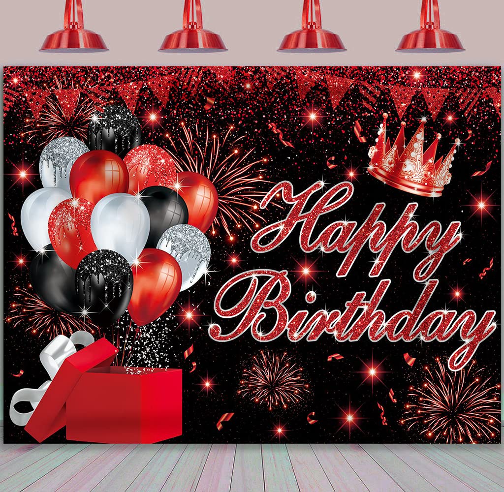 BINQOO 8x6ft Red Black Happy Birthday Backdrop Glitter Balloon Gift Sign Red Spot Birthday Anniversary Background Women Girls Baby Birthday Party Supplies