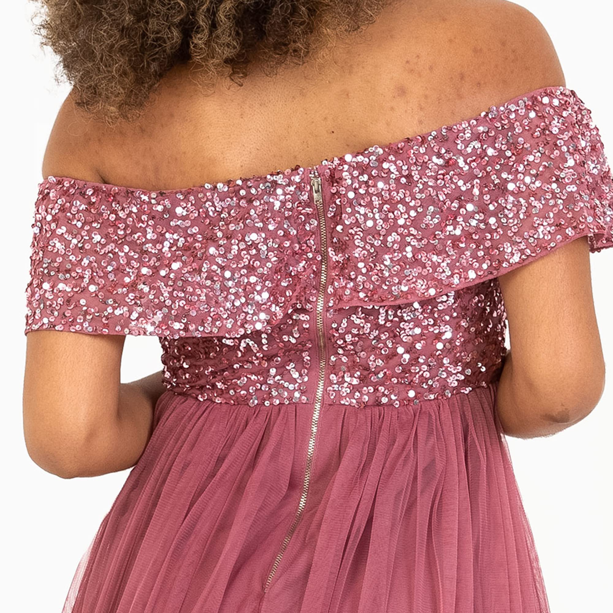 Maya Deluxe Ladies Bardot Dresses Women Midi High Empire Sequins Embellished Formalny wieczór na wesele dla gości sukienka druhny dla kobiet
