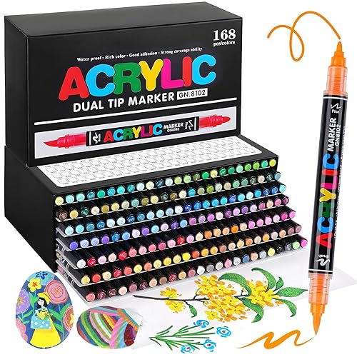 168 Couleurs Marqueur Peinture Acrylique Double Pointe, Feutre Acrylique pour Coloriage Adulte & MystΓ¨re, Stylo Peinture avec Pointe Pinceau (0.5-4.5mm) et Pointe Fine (1mm) β Feutre pour Verre, Bois - 168