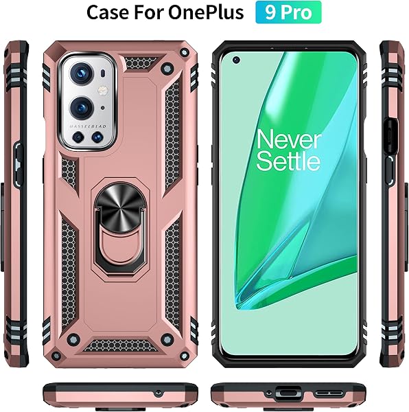 Coque pour OnePlus 9 Pro 5G + Protecteur d'écran, Etui Antichoc Militaire Tough Armor Heavy Duty Shock Proof Protective Housse avec Anneau Support,RoseOr - 2