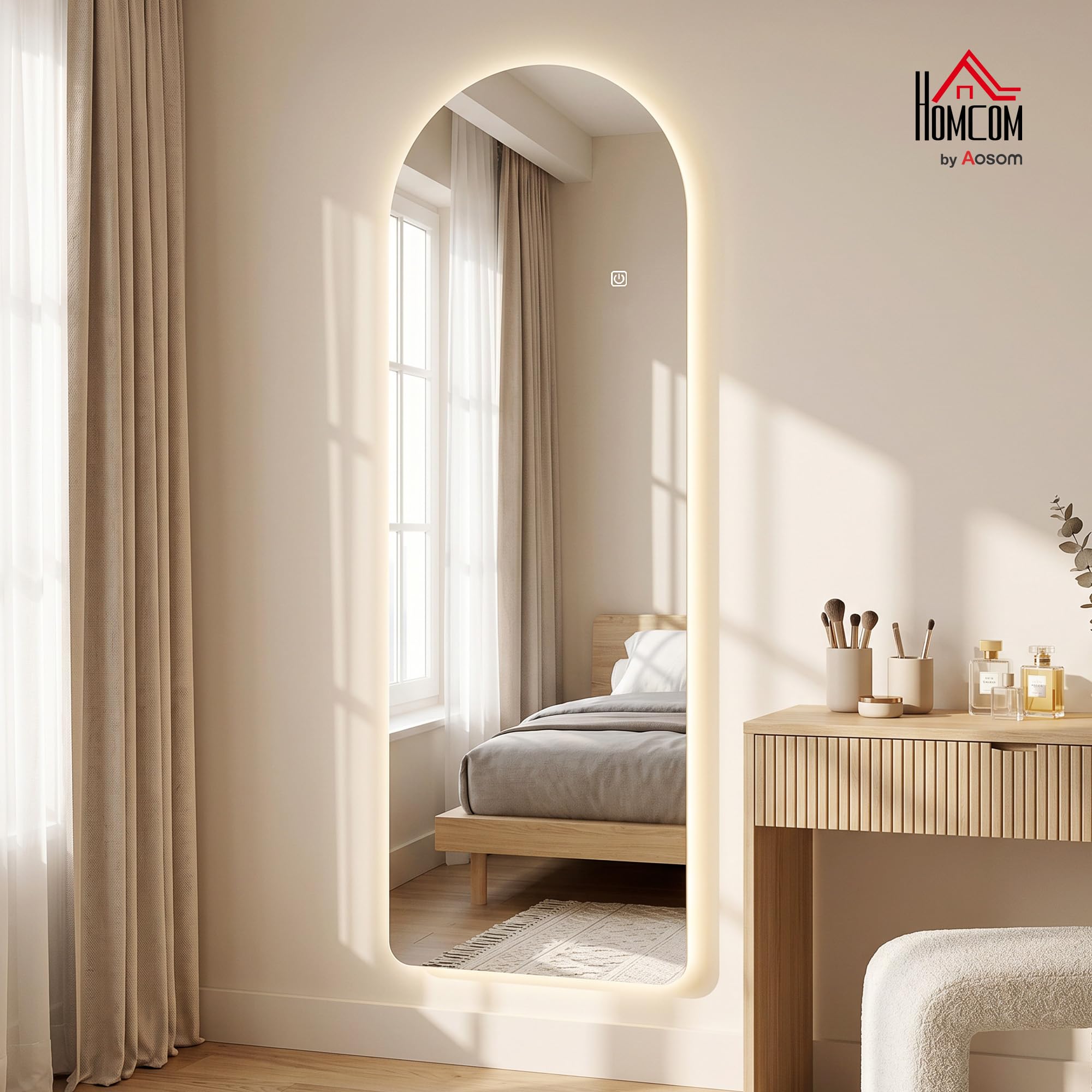 HOMCOM Grand Miroir Mural 120 x 40 cm avec éclairage LED Miroir Pleine Longueur arqué sans carde, Anti-déflagrante, intensité Variable, 3 Couleurs d'éclairage, pour Salon Chambre, Transparent
