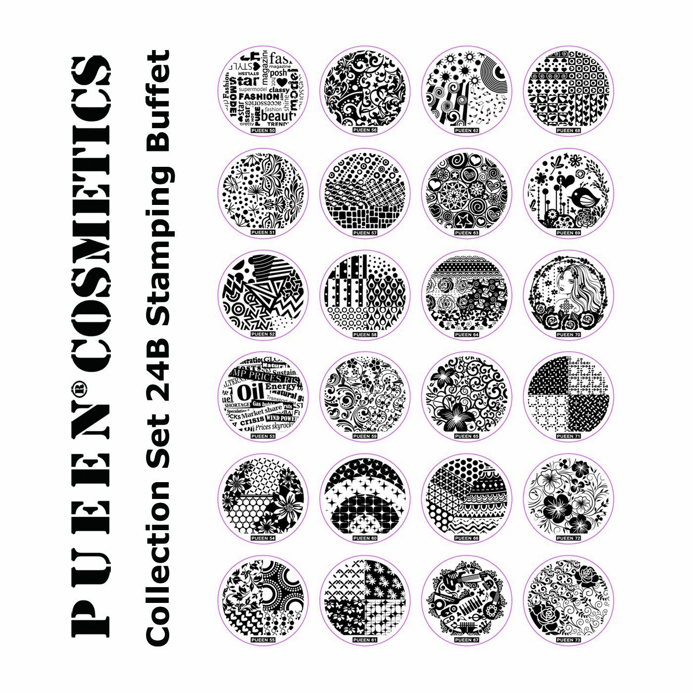 PUEEN Nail Art Stamp Collection Set 24B - STAMPING BUFFET - NEW INVENTION Set of 24 All You Can Stamp Full Size Stamping Image Plates Manicure DIY (Infinite Images With Your Creativity) Now with