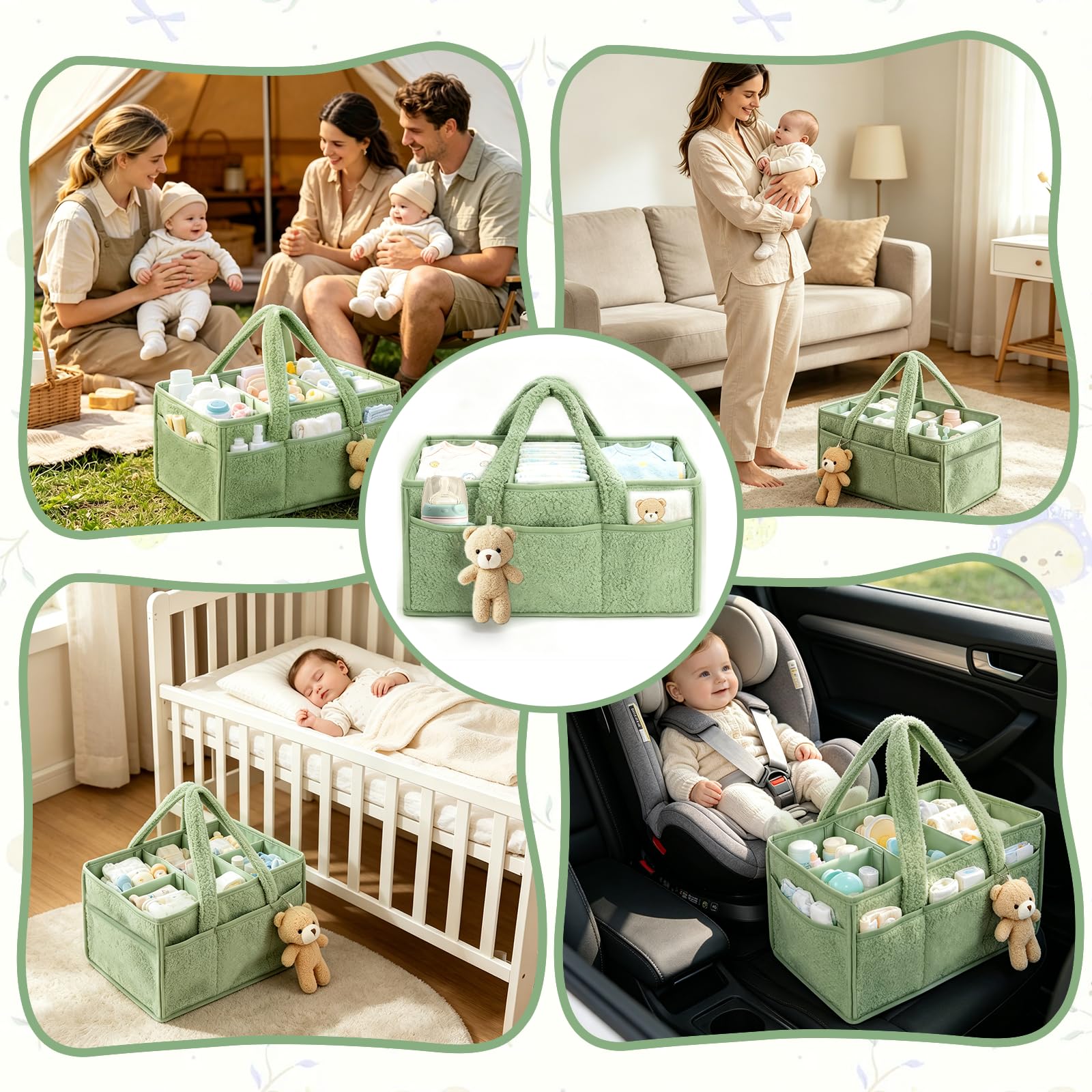 Organizador Pañales, Portátil Organizador Cambiador Bebe con Compartimentos y Asas, Plegable Cesta de Almacenamiento Bebés para Viajes, Cesta de Pañales para Toallitas, Verde