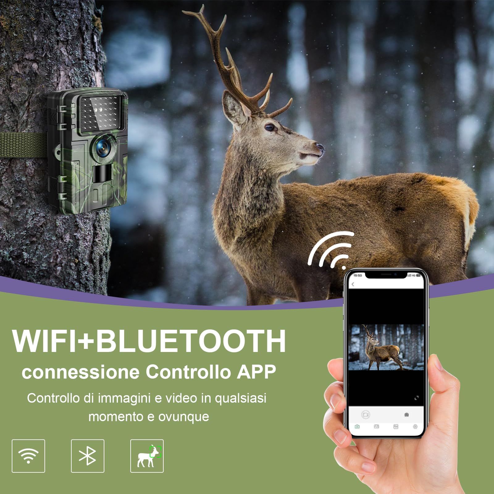 Fototrappola WiFi 4K 60MP con App,Fototrappola Notturna con IR Visione 120 Ultra Grandangolo, Sensore di Movimento visione nottuma, fotocamera termica, caccia, 0,2s, 940nm,bassa luminosità, infrarossi
