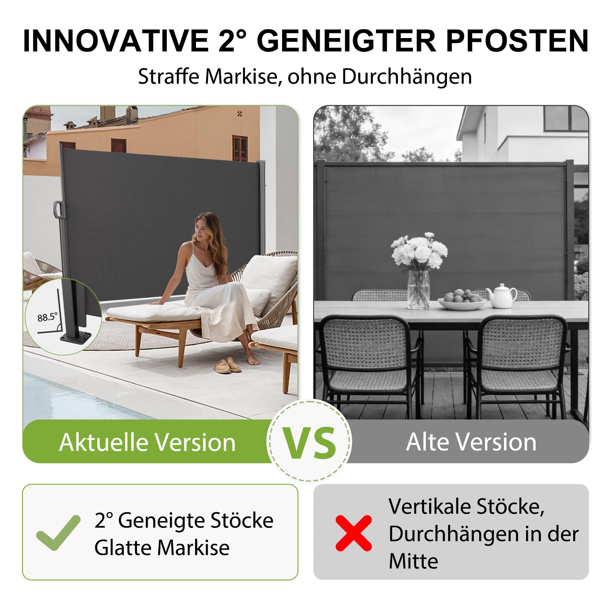 BelleMax Seitenmarkise ausziehbar & Blickdicht, 20 cm länger, Seitenmarkis Anthrazit 180 x 370 cm, Garten-Sichtschutz & Windschutz mit Aufrollautomatik für Balkon & Terrasse
