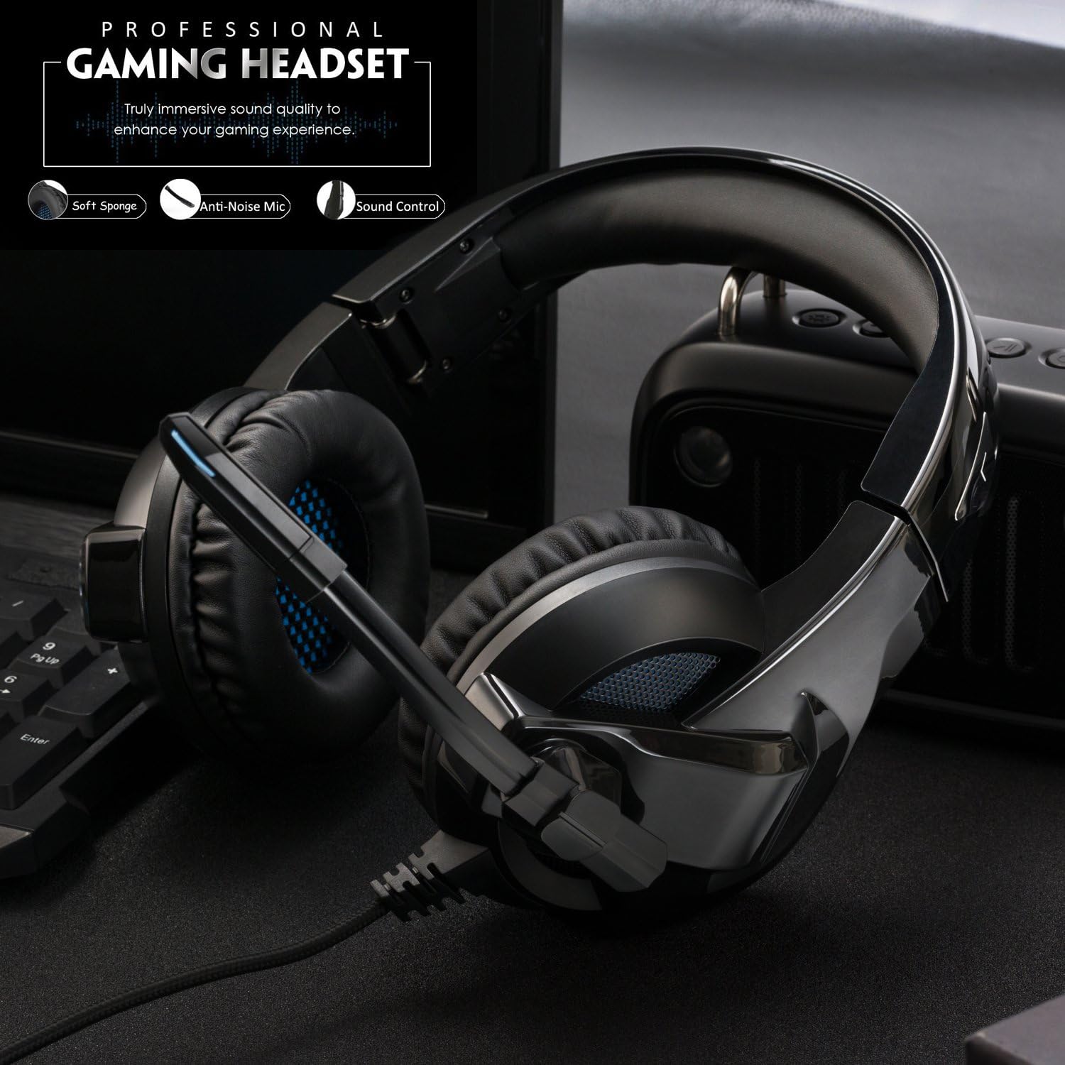 Gaming Headset for PS4, PC, Xbox One Controller, Noise Cancelling Over Ear Headphones with Mic, Soft Memory Earmuffs for Laptop Mac Switch Games