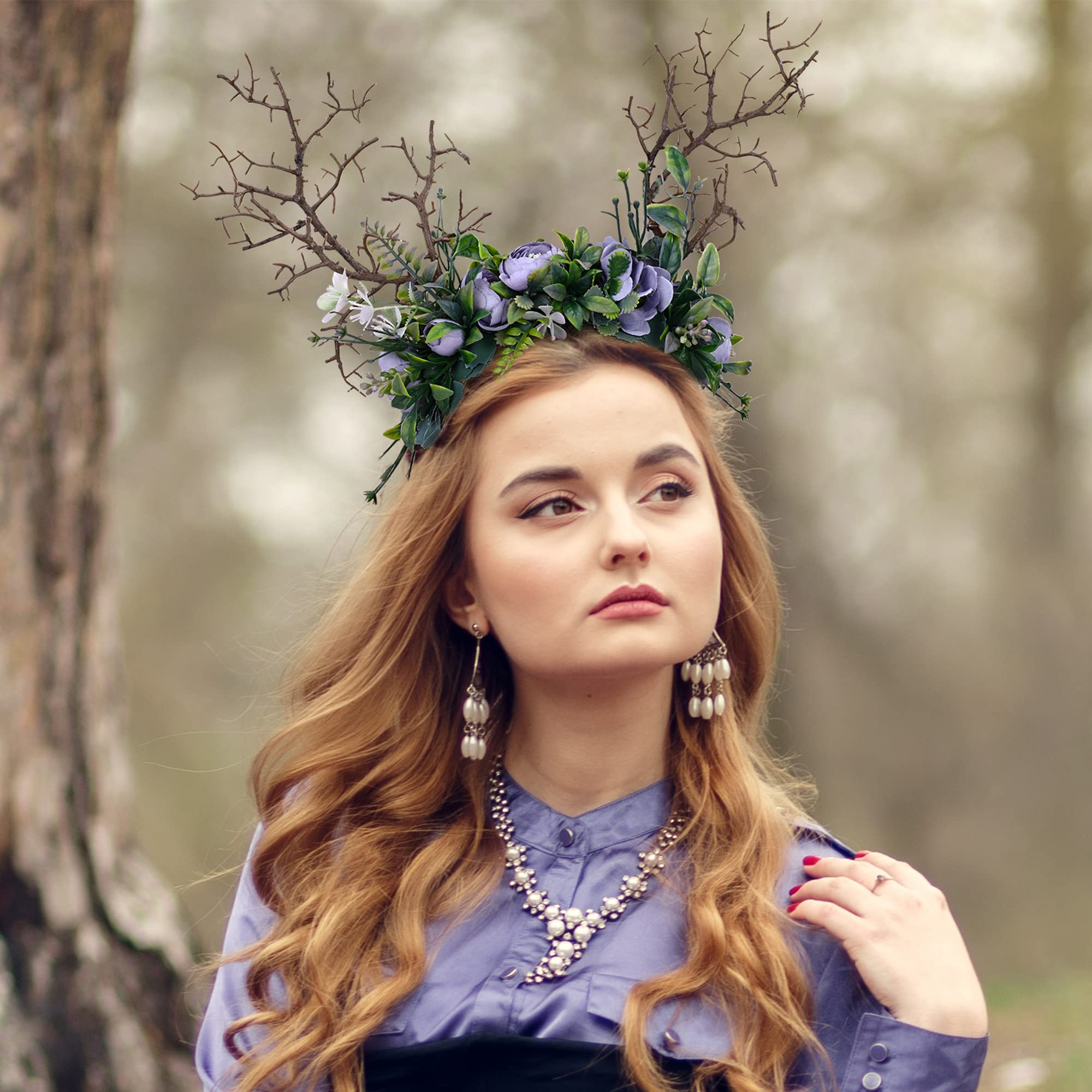 MOSTORY Forest Crown Antler Headband for Women Renaissance Faire, Green-blue - Image 3