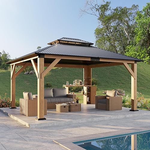 13x15 Wood Gazebo, Hardtop Outdoor Gazebo with Aluminum Double Roof, Outdoor Wooden Pavilion for Parties, Backyard, Patio, Lawns, Black + Natural Wood