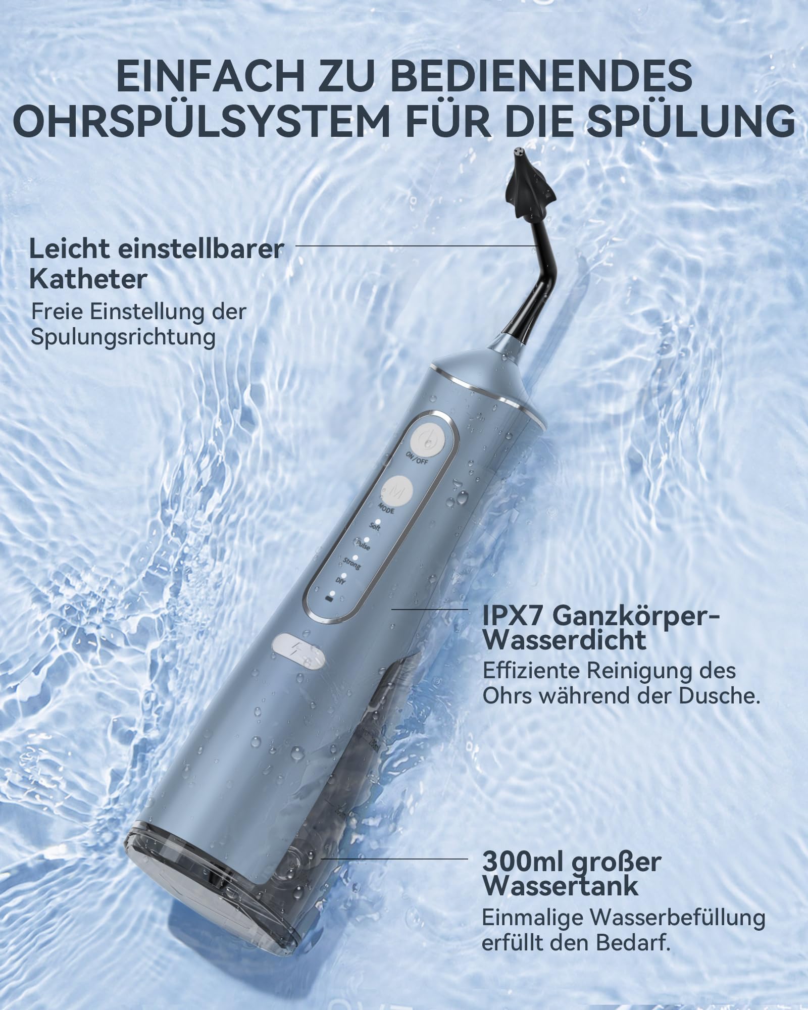 Ohrenschmalz Entfernung Kit - Wasserstrahl für Zuhause & Reisen – IPX7 wasserdicht,4 Modi inkl. DIY‑Druckregelung, Set mit4 Aufsätzen