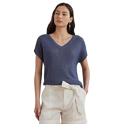 Lauren Ralph Lauren Linen Blend Short Sleeve V Neck Sweater Women
