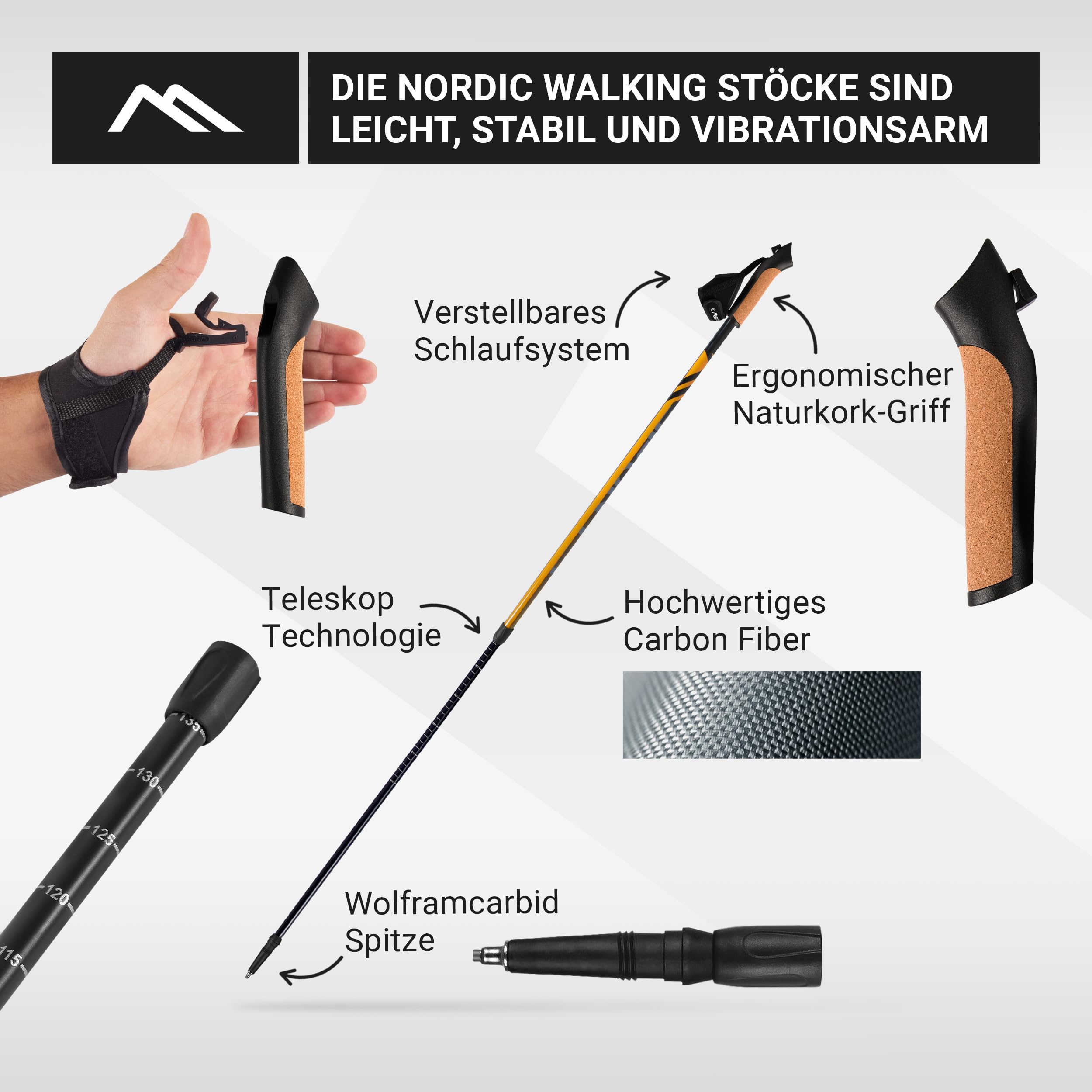 MSPORTS Bastoncini Nordic Walking Premium Carbon | Nero/Arancione | Selezionabile con Borsa