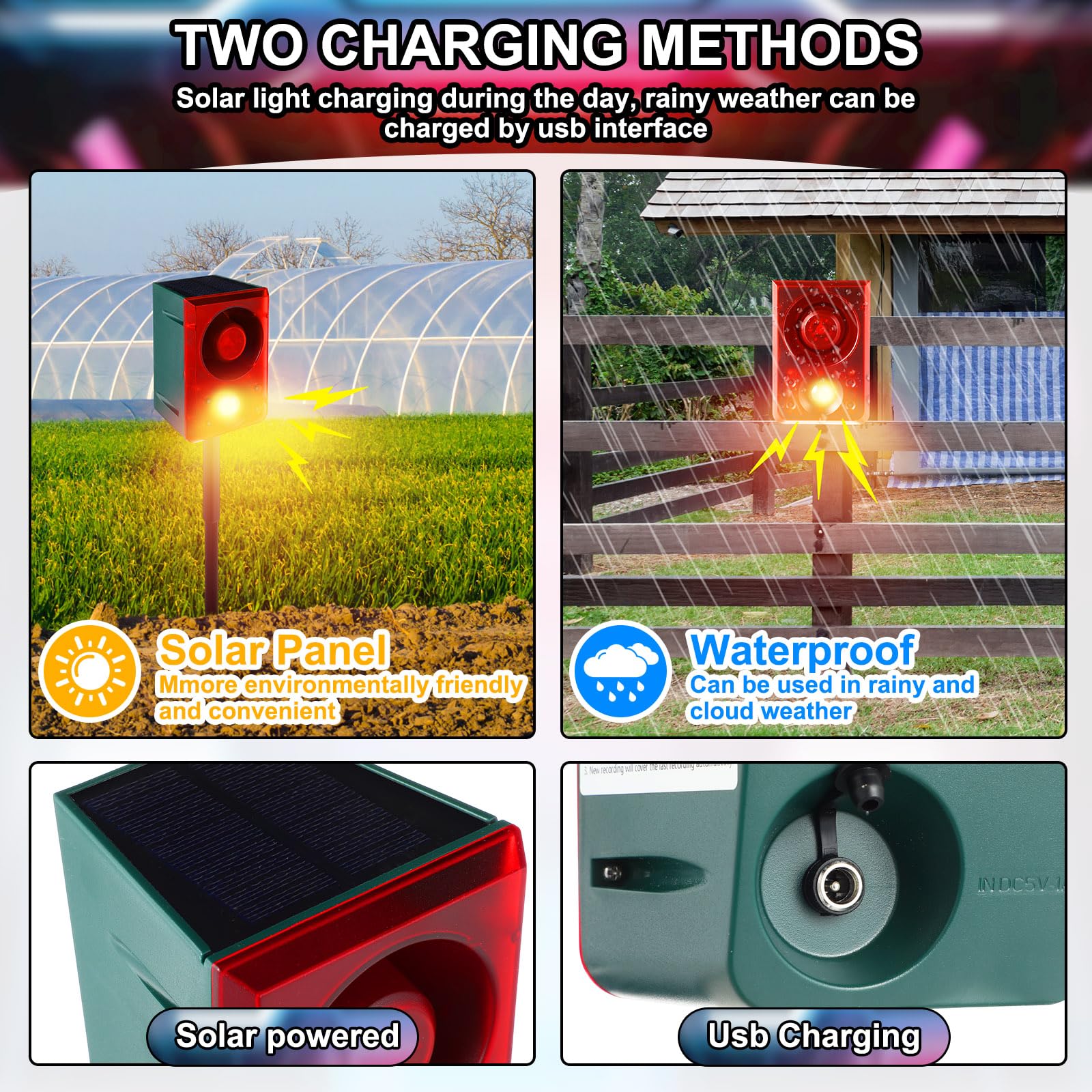 Qualirey 2 alarmas solares con sensor de movimiento para exteriores con sonido de disparo de pistola, ladridos de perro, 3 modos de grabación y volumen ajustable, carga USB, 129 dB, generador de ruido