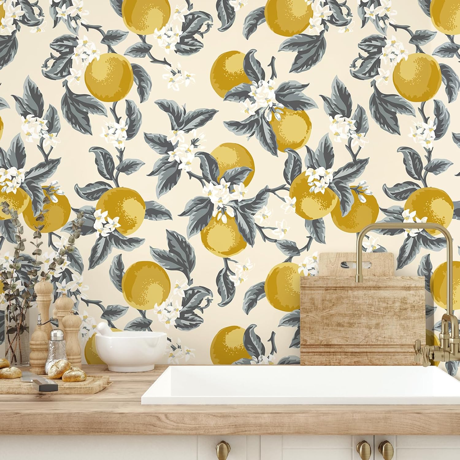 VEELIKE Beige Orange Citrus Wallpaper Stick and Peel Vintage Lemon Wallpaper for Kitchen 17.7''x354'' Fruit Floral Wallpaper Peel and Stick Removable Orange Contact Paper for Walls Bedroom Nursery