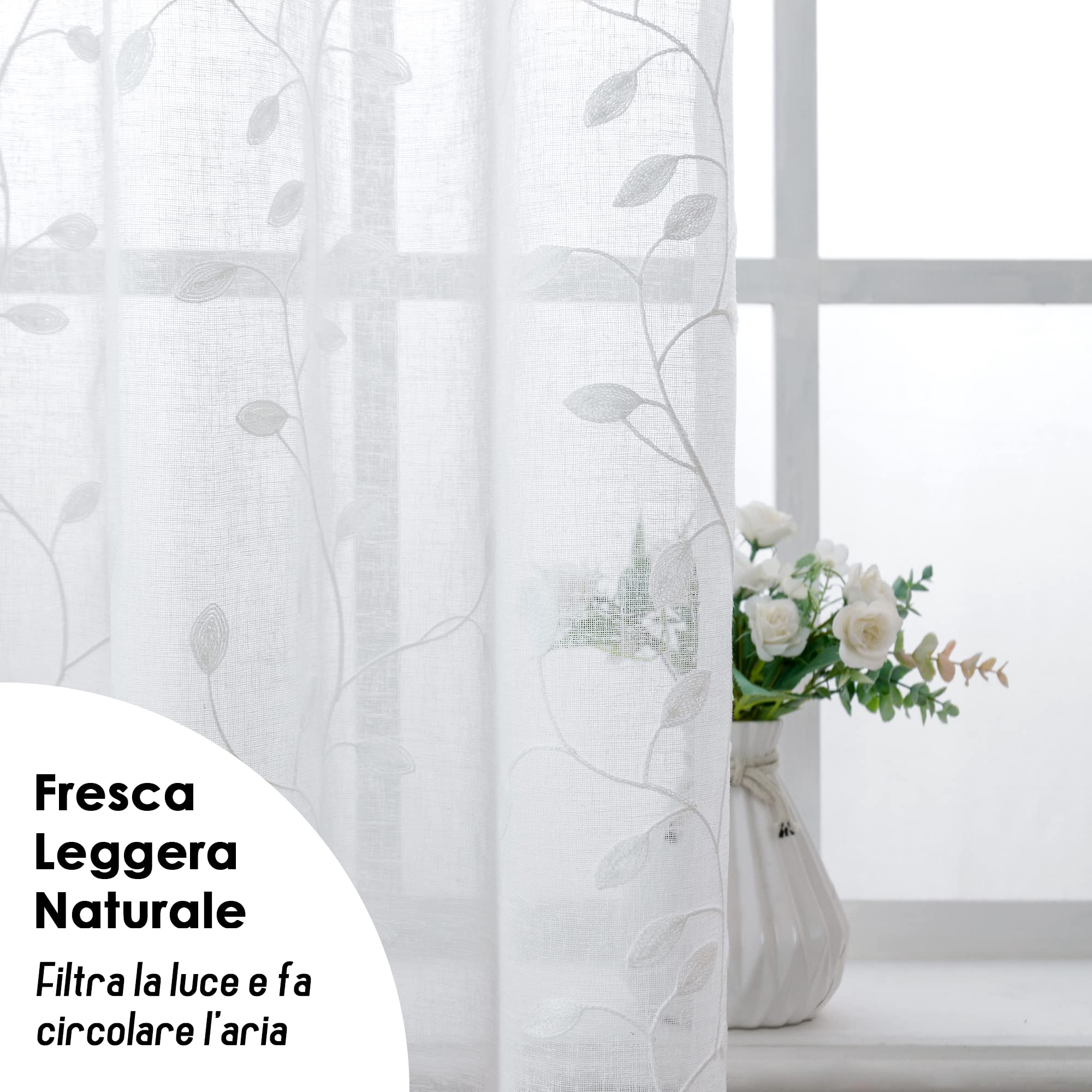 GIRASOLE HOME® Coppia Tende Filtranti in Simil Lino Fantasia Rampicanti Tenda per Interni 2 Pannelli con Occhielli (Bianco, 140x280cm)