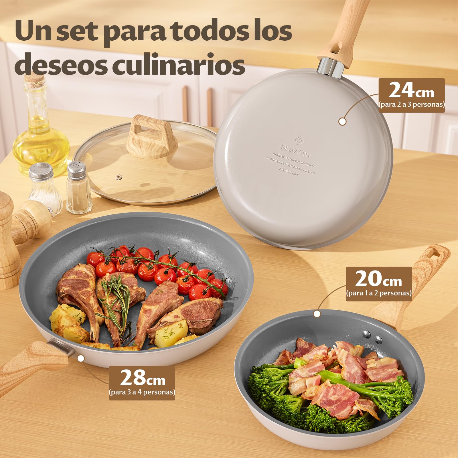 BLAZANT ceramic nonstick pan set 20+24+28cm with lids, PTFE-free, healthy | Optimized induction base for even heat, compatible with all cooktops, easy to clean, dishwasher safe, ergonomic handle