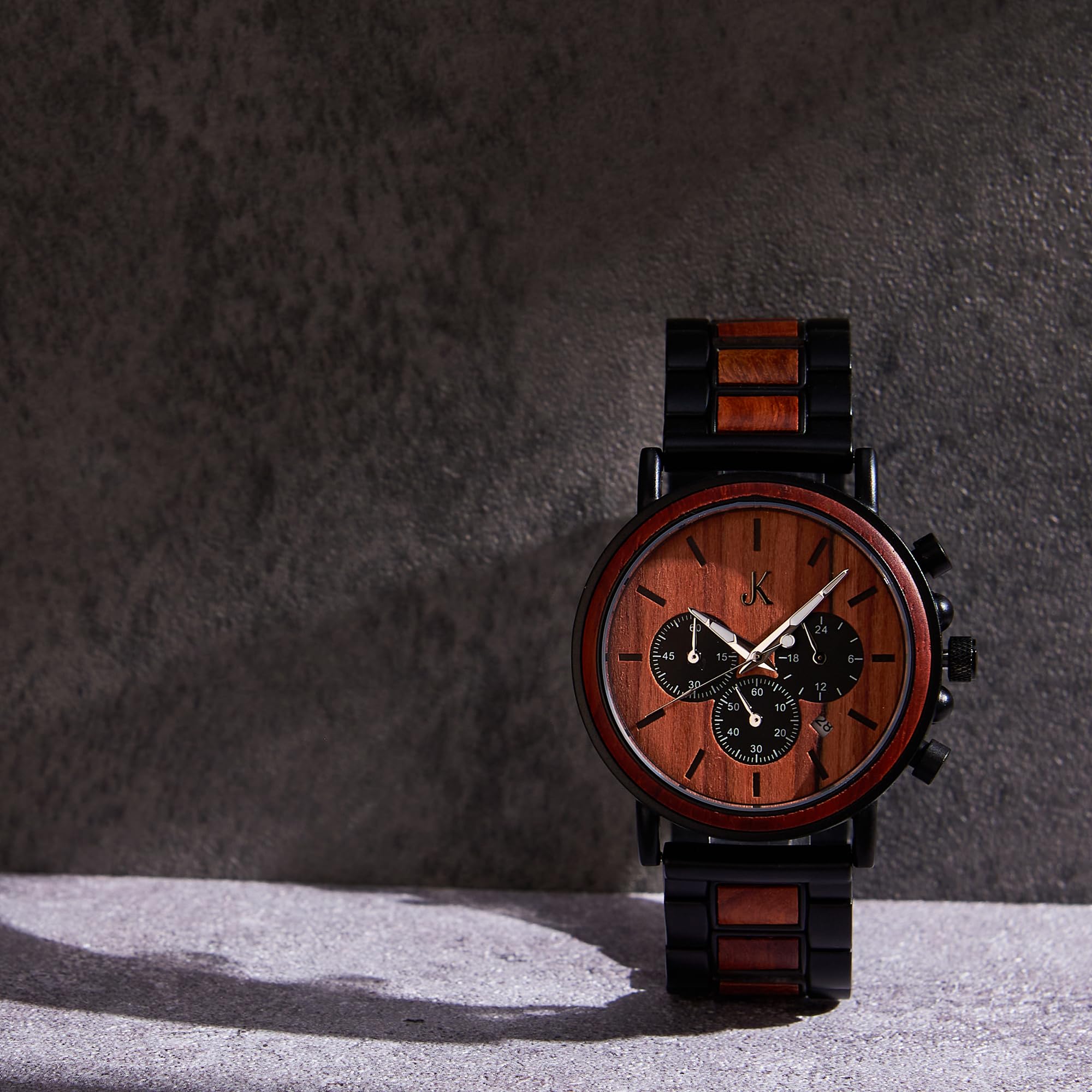 Kim Johanson® Holz-Edelstahl Armbanduhr *Military* für Herren in Braun | Chronograph mit Stoppuhr & Datum | Handgefertigt | Quarz | Analog Uhr | Geschenk | Verstellbares Armband | Inkl. Uhrenbox