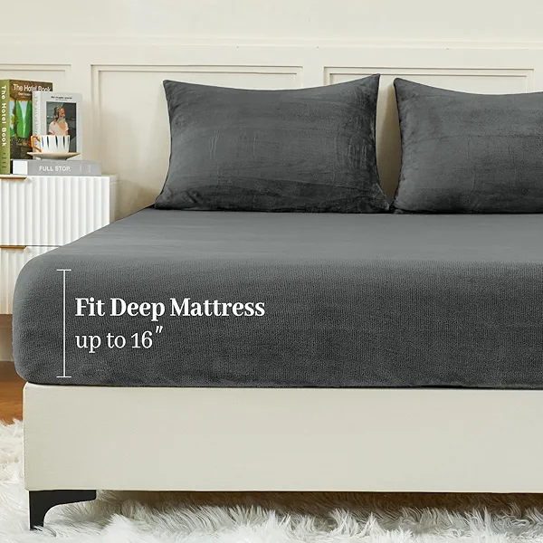 YIYEA Fleece Fitted Sheet Only, Ultra Soft Plush Velvet Deep Pocket Fitted Bottom Sheet for Fall Winter, Cozy Warmth and No Shedding, Dark Dray, Twin