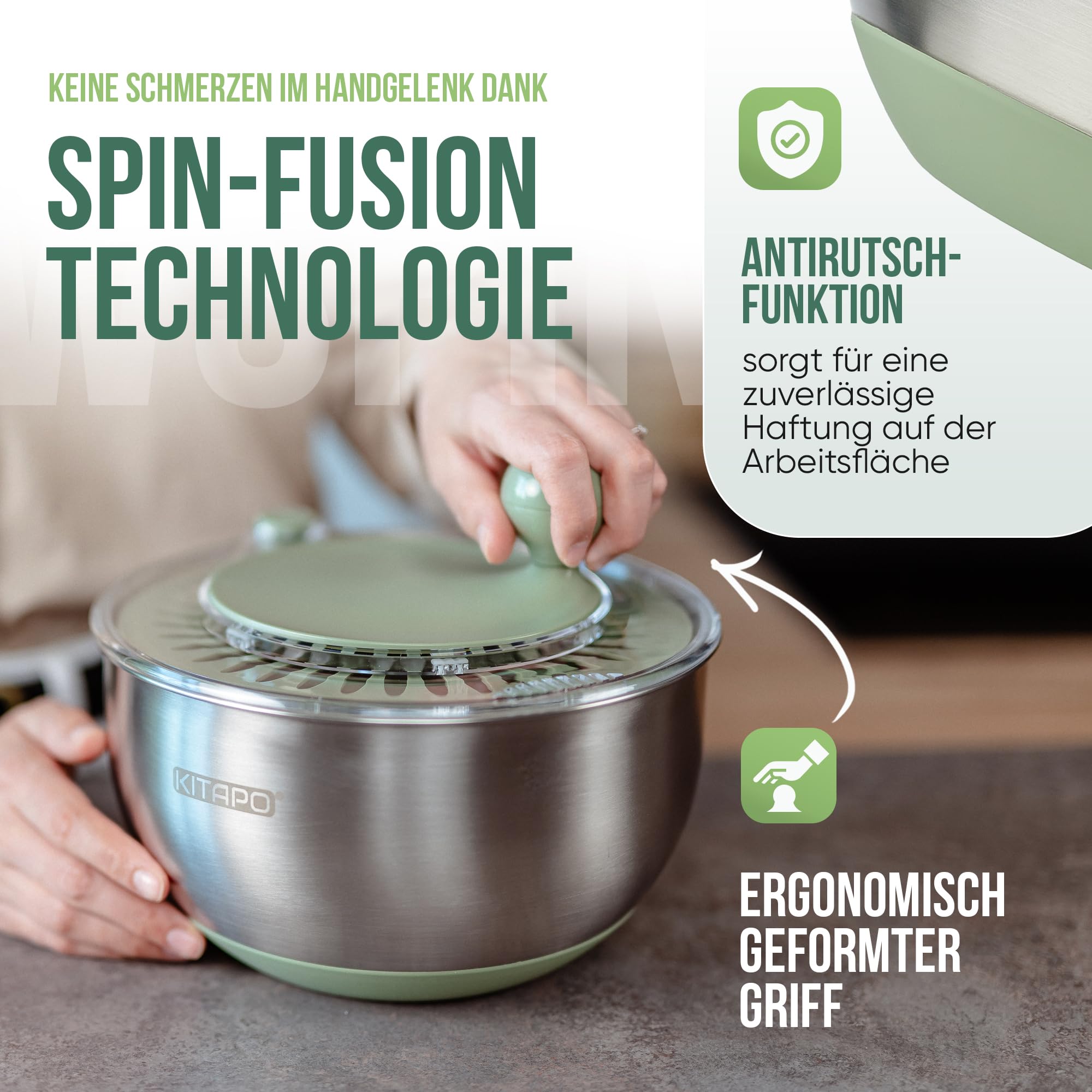 Salatschleuder Edelstahl mit Kurbelantrieb [2 in 1 Servierschüssel] 4,5l [Wasserauslass, Spülmaschinengeeignet, rutschfest] Salad Spinner Obstsschleuder hochwertige Salatschleuder groß