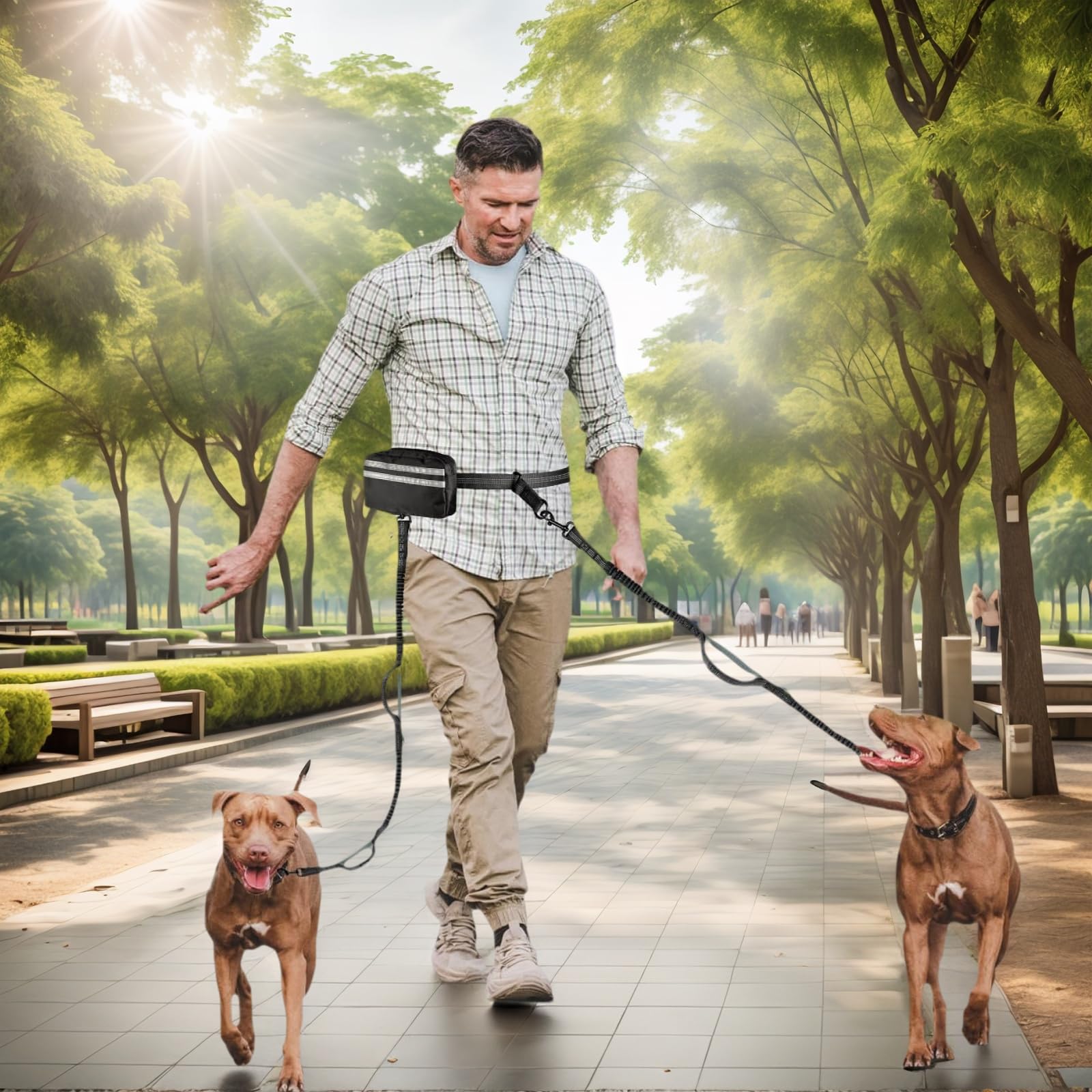 Laisse Mains Libres pour Chien avec Pochette, Double pour Deux Chiens, Laisse rétractable avec Double poignées rembourrées, montée à la Taille pour la Course, la Marche, Le Jogging (Noir/Gris)