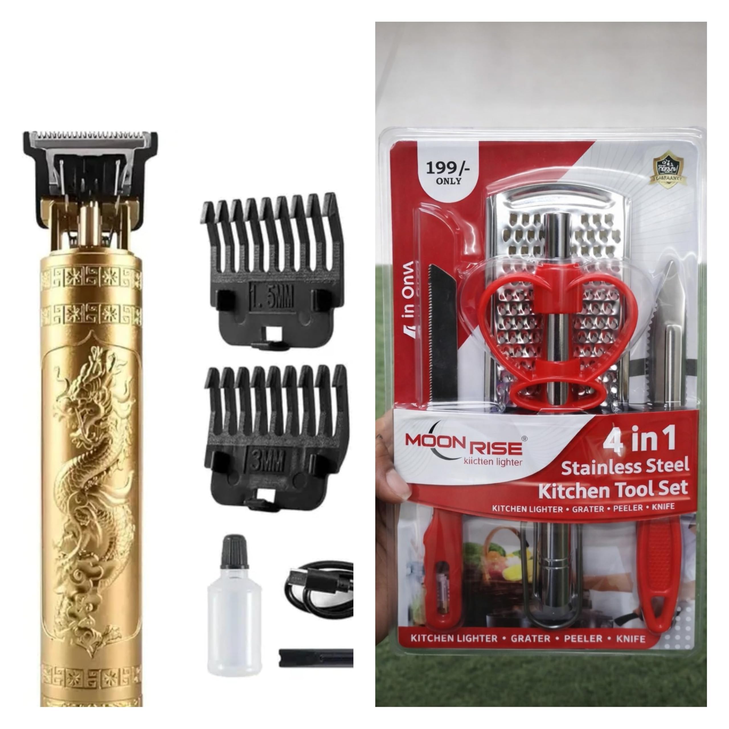 Vintage T9 Gold Rechargeable Trimmer with 4 in 1 Stainless Steel Kitchen Tool Set Combo, Lighter Grater Peeler Knife-image-39