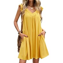 Allimy Womens Ruffle Sleeve V Neck Back Tied Linen Babydoll Mini Dresses