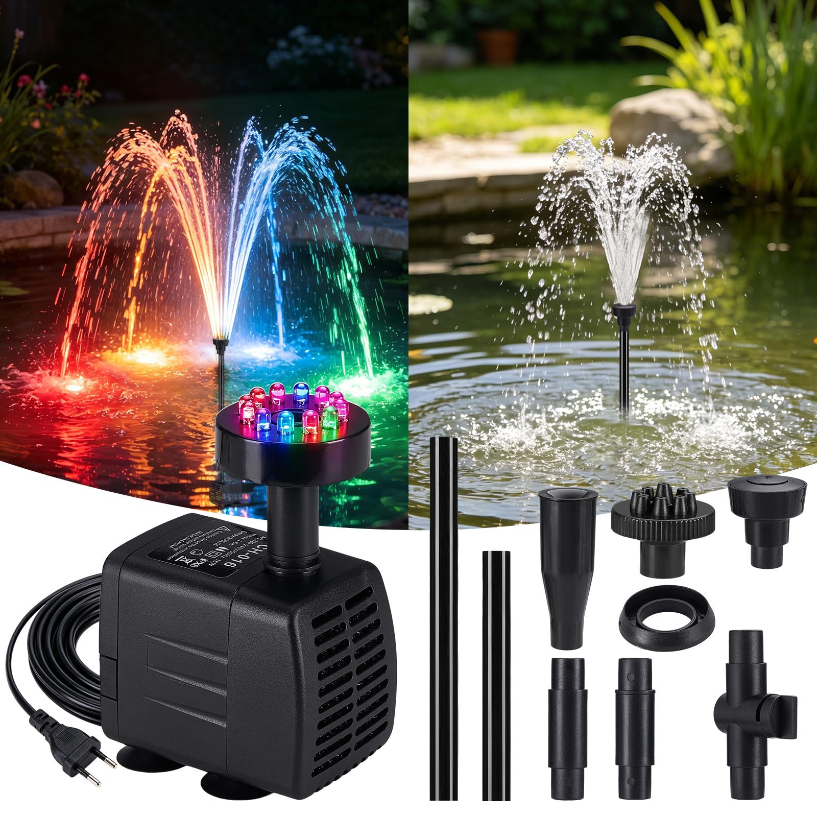 Springbrunnenpumpe Aussen mit LED, 800L/h 16W Wasserspielpumpe Wasserpumpe Fontäne für außen Teichpumpe 3 Düsenim, Teich Springbrunnen für Gartenteich, Wasserfall