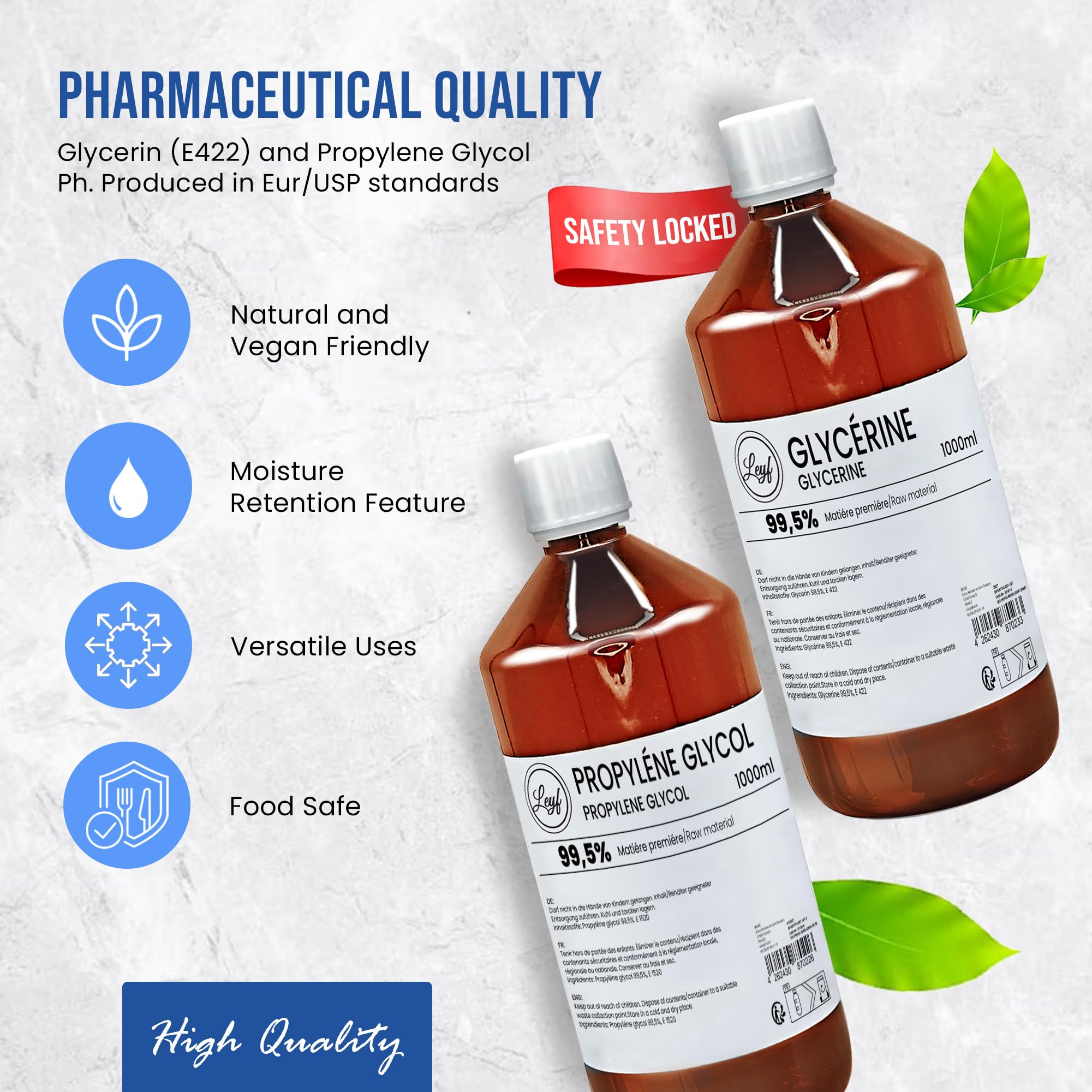 Leyf 1000 ml Glycerin E422 + 1000 ml Propylenglykol E1520, Perfekt für DIY, Pharmaqualität Reinheit, Lebensmittelqualität, Raw Material VG + PG, Rein, Vegan, Ph. Eur/USP