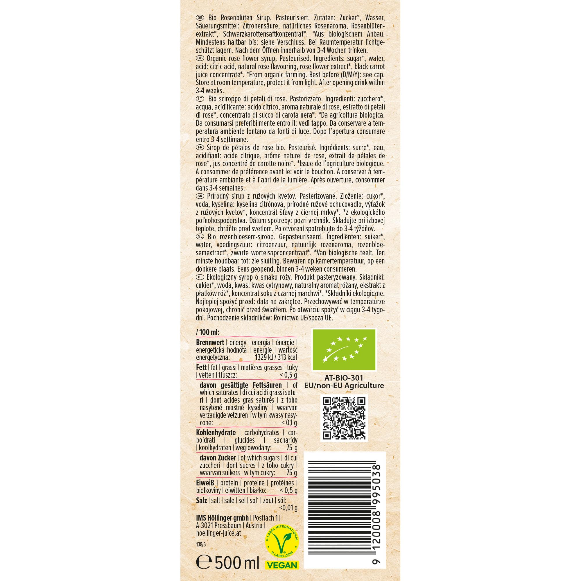 Höllinger Sirop de fleur de rose biologique, végétalien, bouteille en verre de 3x500 ml, saveur florale