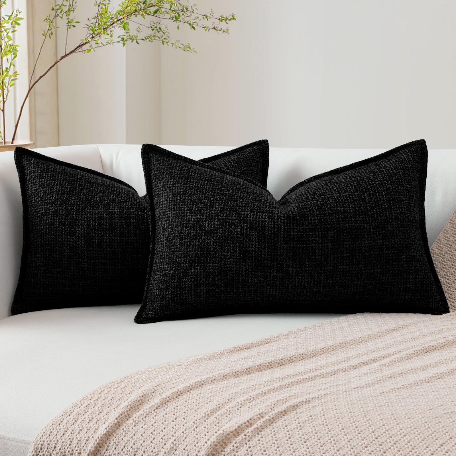 Artscope Pack of 2 Black Lumbar Cushion Covers 12x20 Inch Linen Texture Couch Throw Pillows Farmhouse Pillow Covers with Elegant Design for Sofa Bedroom Living Room Home Decor 30 x 50 CM