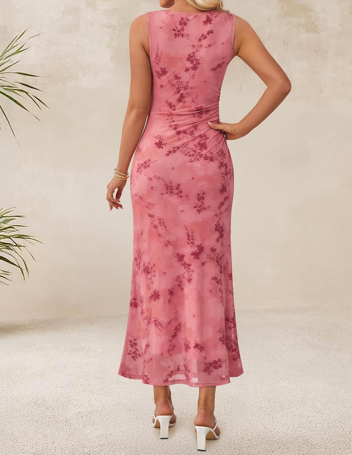 ZESICA Women's Sleeveless Floral Bodycon Maxi Dress 2026 Summer Ruched Mesh Wedding Guest Cocktail Party Dresses - Image 4