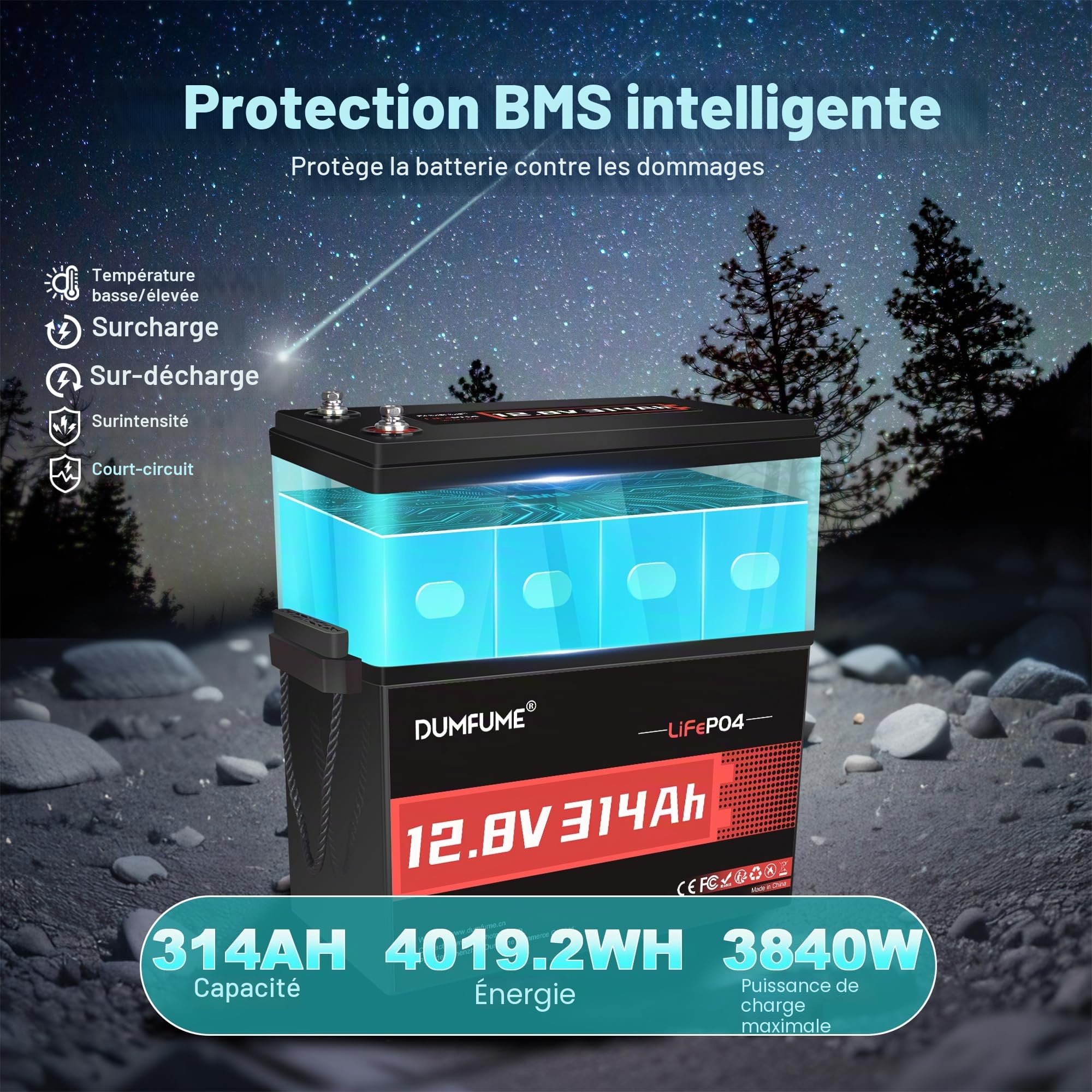 Batterie Lithium 12V 314Ah (300Ah) LiFePO4, 4,01 kWh BMS 200A | 15000 Cycles, Batterie LiFePO4 avec Protection Basse Température, Parfaite pour Camping-car, Solaire, Hors réseau