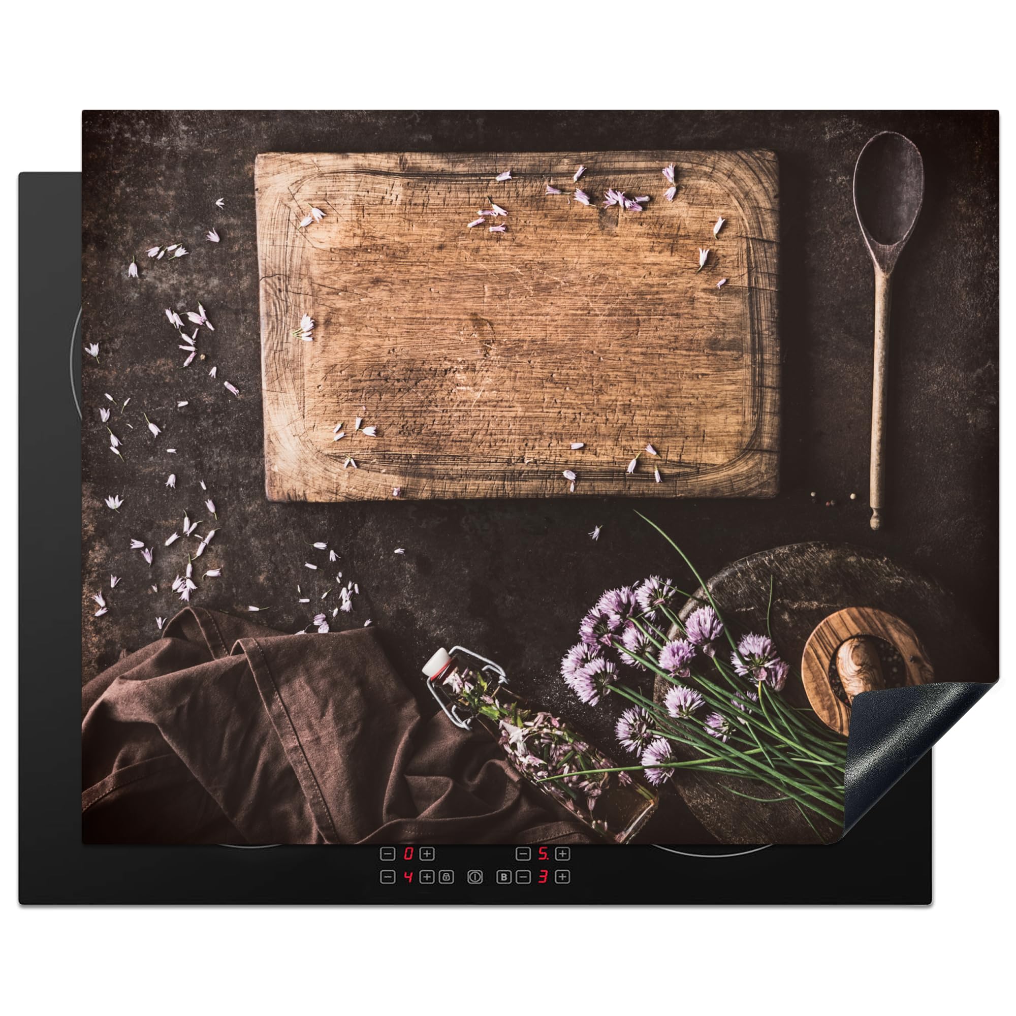 KitchenYeah© Induction Hob Protector Mat 20.5"x25.6" / 65x52 cm Cooker Top Protectors Cover Ceramic Covers Electric Hobs Vinyl Cutting Board - Spices - Spoon - Kitchen - Rustic