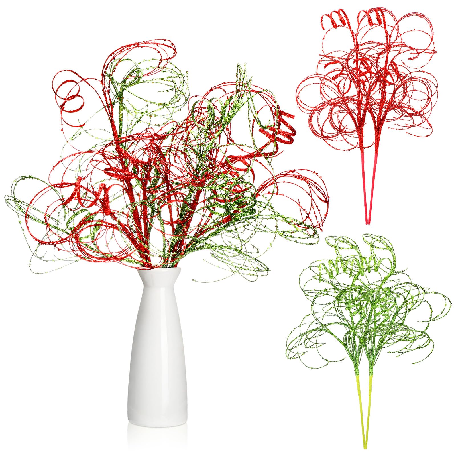 4pcs Red and Green Glitter Christmas Picks Ting Curly Branches Stem Ornament 20 Inch Decorative Glittery Stick Artificial Glitter for Xmas Tree Wreath Craft Home Garden Vase Filler Decor