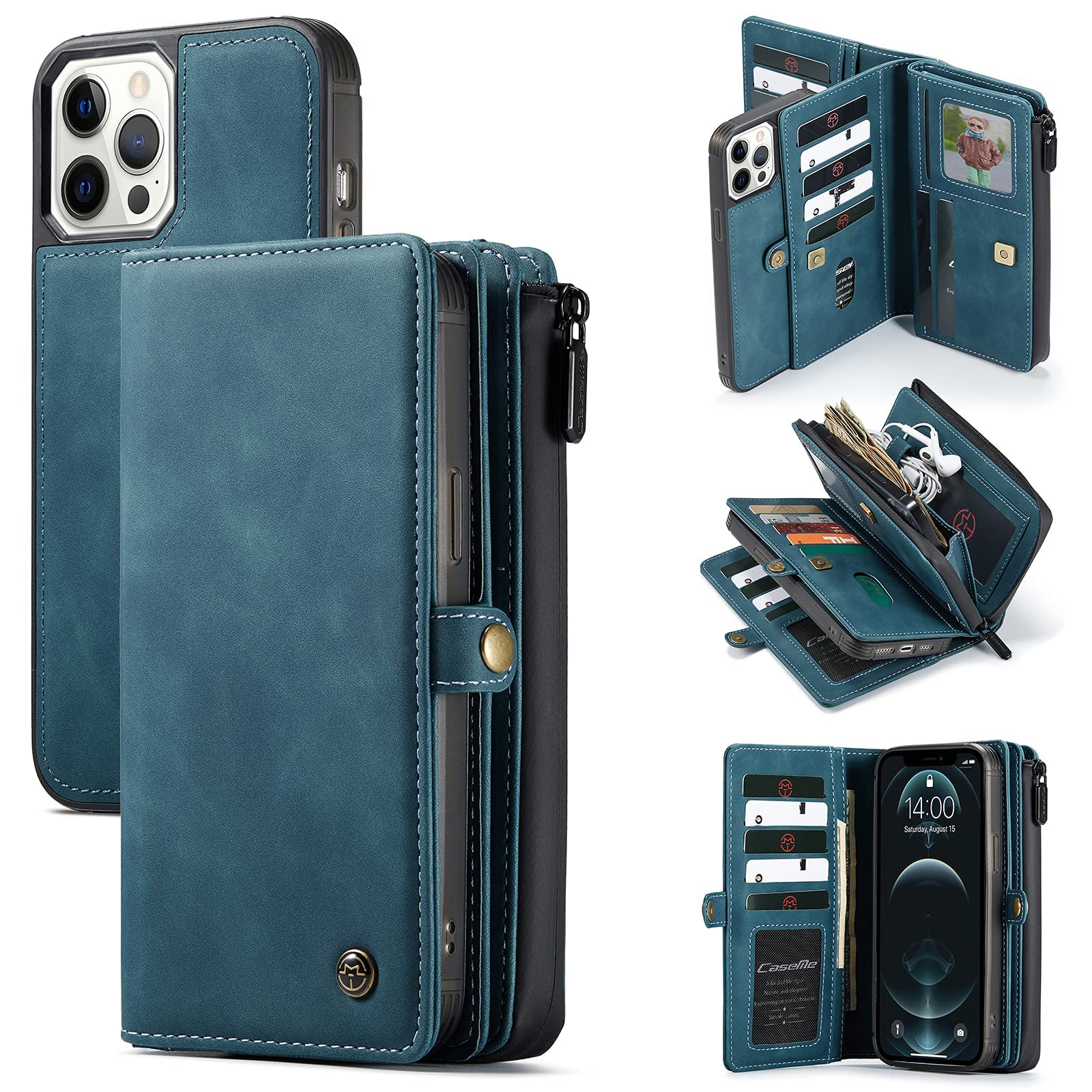 WintMingCompatible with iPhone 14 Pro Wallet Case Magnetic Detchable 17 Card Holder Flip Leather Case Multi-Function Purse Protective Cover for iPhone 14 Pro(Lakeblue)