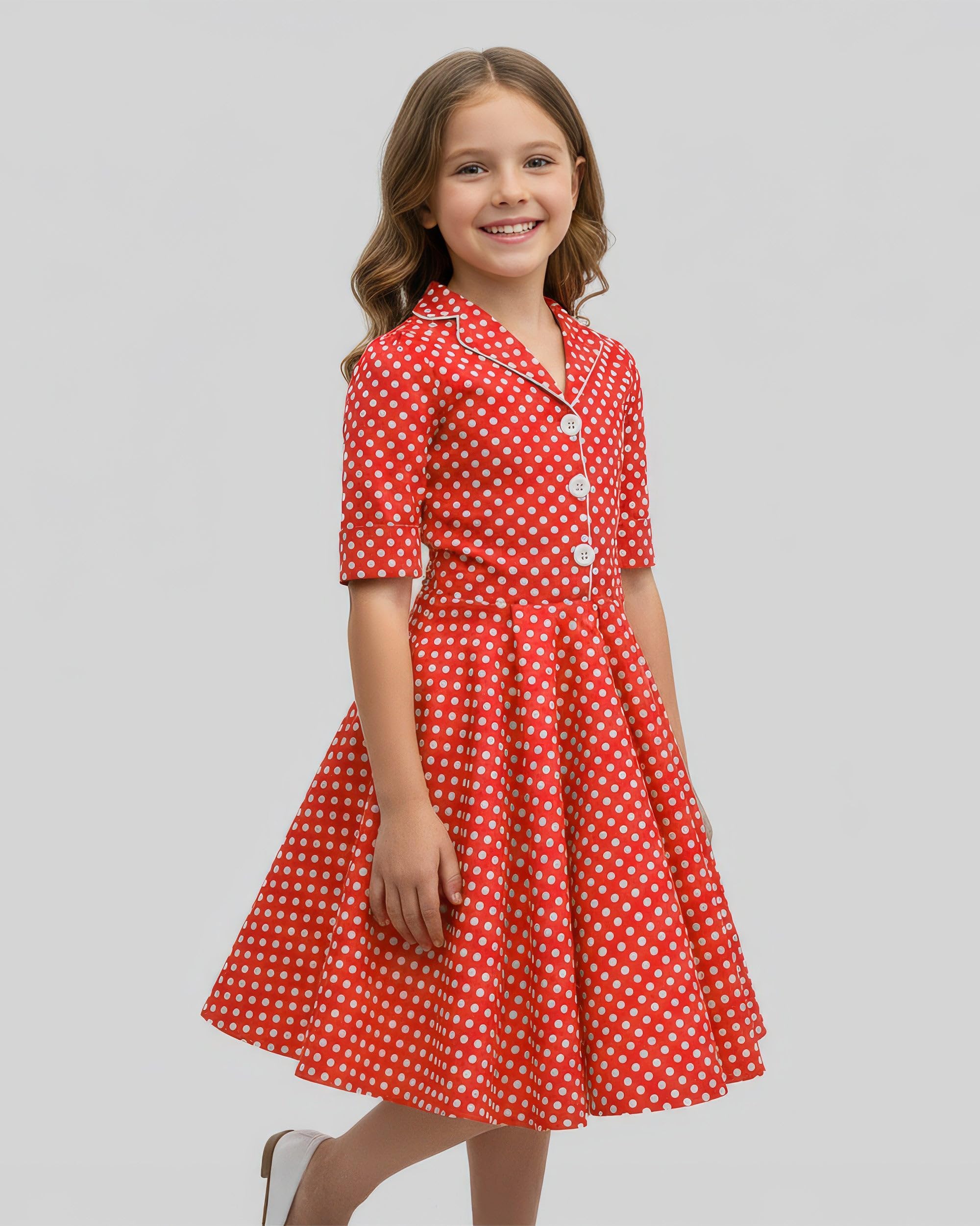 BlackButterfly Vestido Niña Sabrina Lunares | Falda Circular, Manga Corta con Vuelta, Cuello Camisero, Botonadura Funcional, Forro Interior, 3-14 Años
