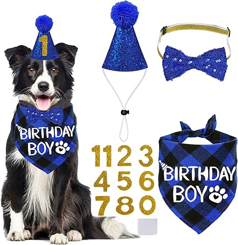 STMK Suministros para fiesta de cumpleaños para perros, varios tamaños, sombrero de cumpleaños para perros con números, bandana pajarita para perros