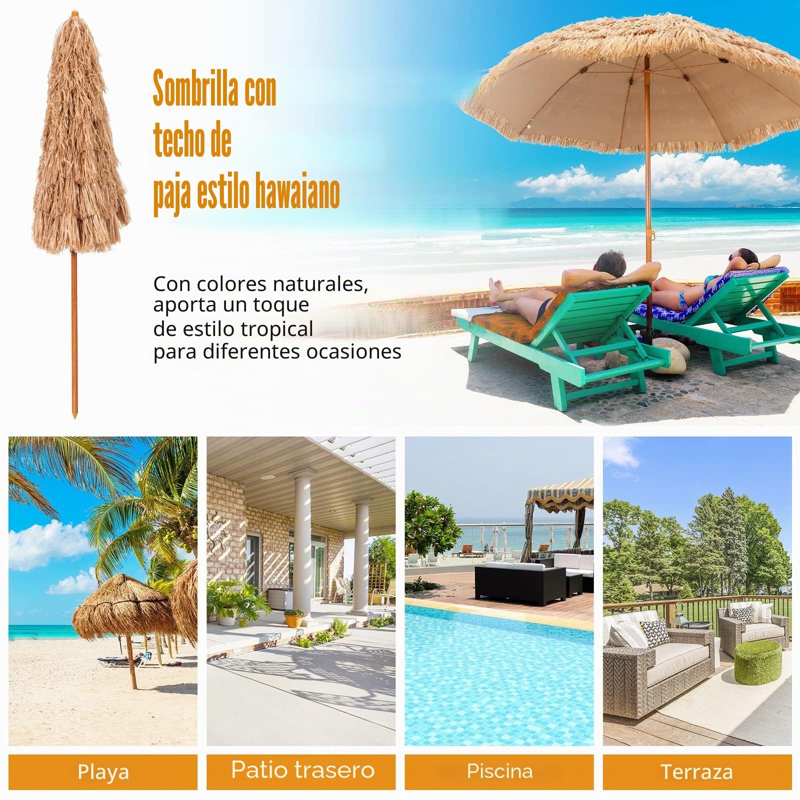 COSTWAY Sombrilla hawaiana, diámetro de 205 cm, sombrilla de paja, sombrilla de jardín, sombrilla de paja, sombrilla de mercado, sombrilla de terraza para jardín, balcón, playa