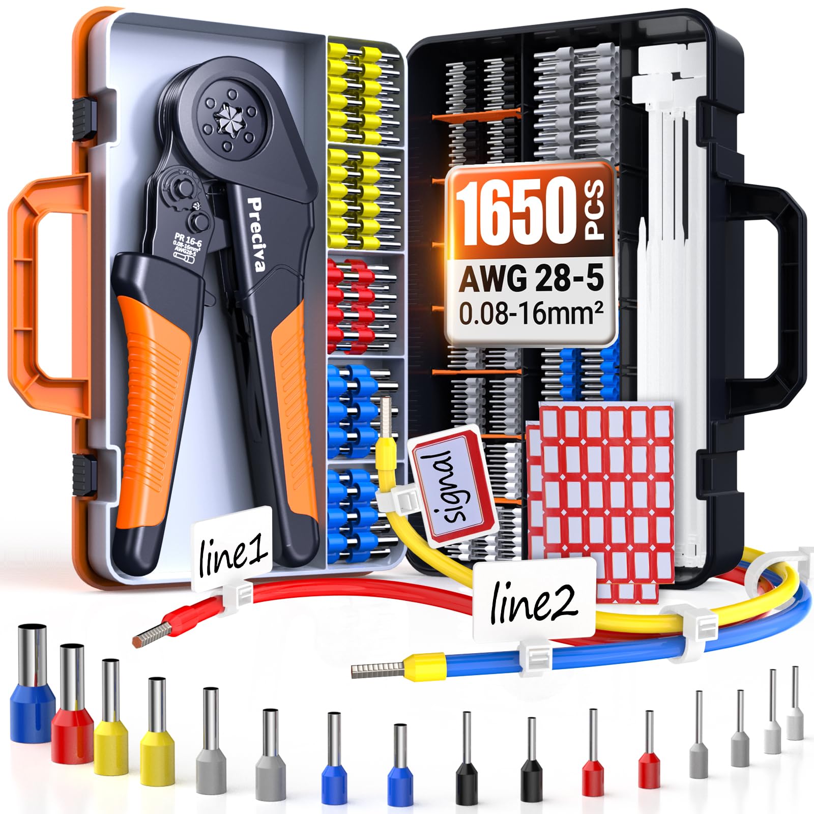 Ferrule Crimping Tool 0.08-16mm² (AWG28-5) with 1650pcs Ferrules, Preciva Hexagon Crimper with Cable Ties & Storage Case, Self-Adjustable Ratchet Crimping Plier for DIY & Industrial Electrical Work