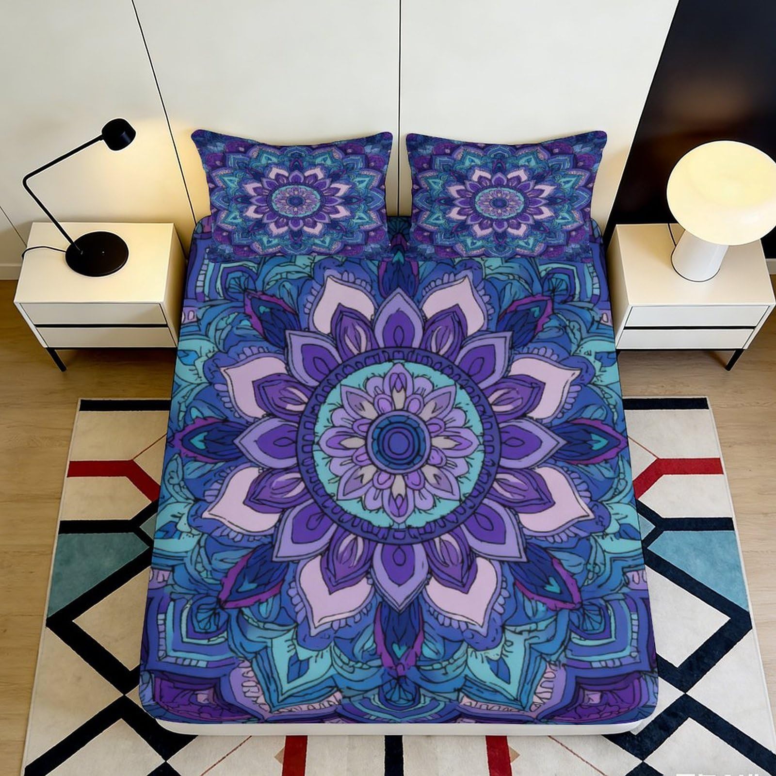 3D Printed Mandala Fitted Sheet Microfiber Non-Slip Deep Pocket Bedroom Bedding Mandala Mattress Fitted Cover Washable Full Wrap 200x200x25cm