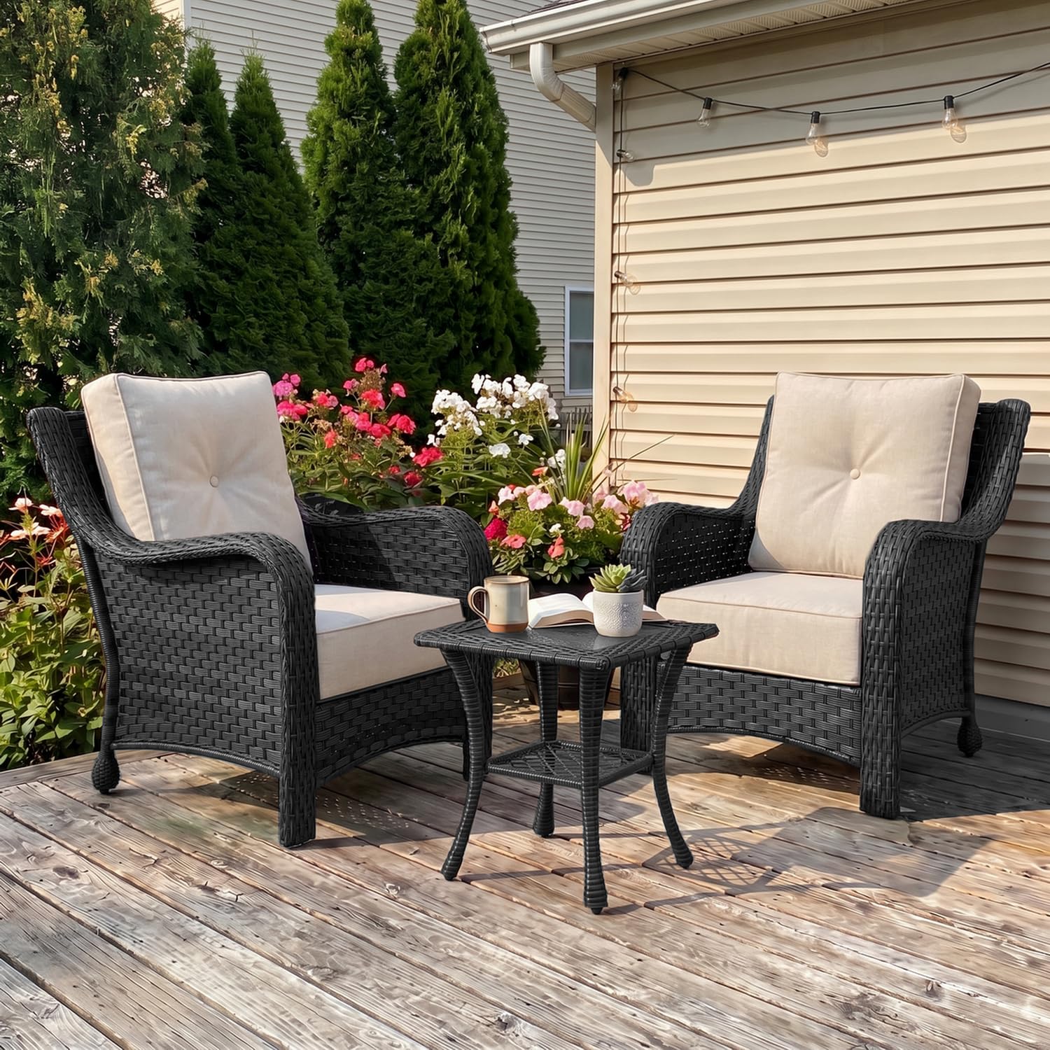 LayinSun 3 Piece Wicker Outdoor Furniture Set with 6-inch Comfy Cushions