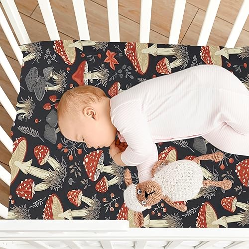 Miniatura 8 de Kigai Sábana bajera ajustable para cuna para niños y niñas, sábana de punto de jersey de hojas de hongo para colchones estándar de cuna y cama de