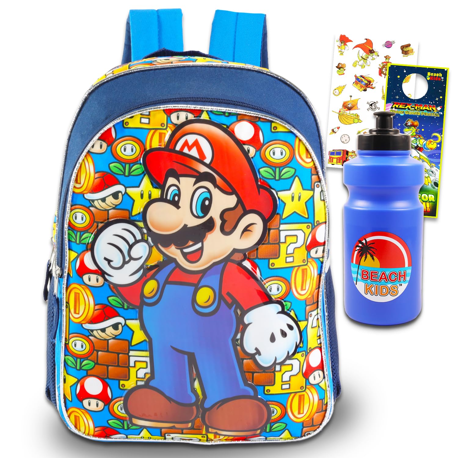 Nintendo Super Mario Backpack for Boys 4-6 Set - Bundle with 16" Mario Backpack Plus Water Bottle, Stickers, More | Mario Backpack for Kids