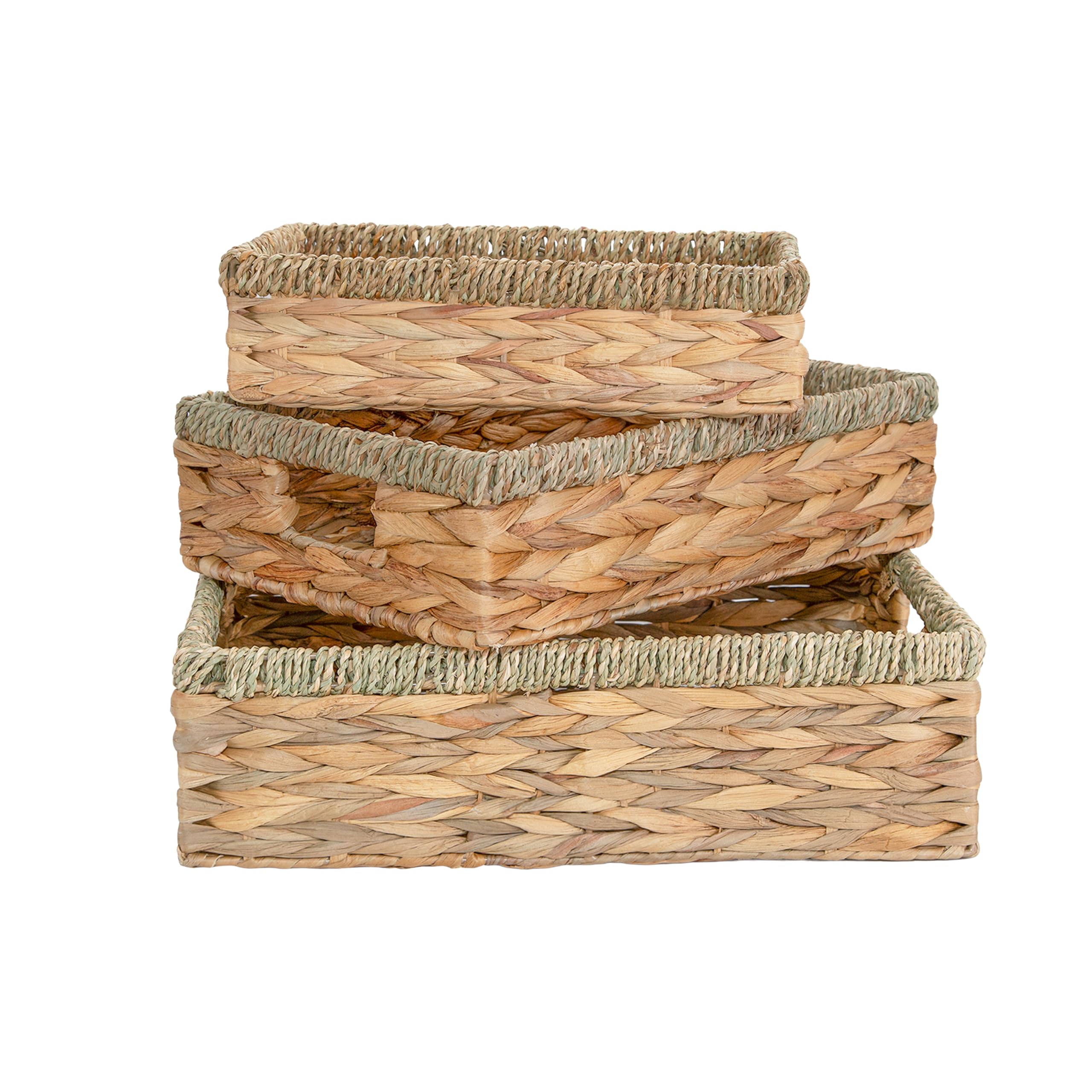 Wickerfield Shallow Woven Water Hyacinth Basket, Wicker Hamper Basket with Handle, Storage Baskets for Bathroom, Toys, Gift (Seagrass, Set (S+M+L))