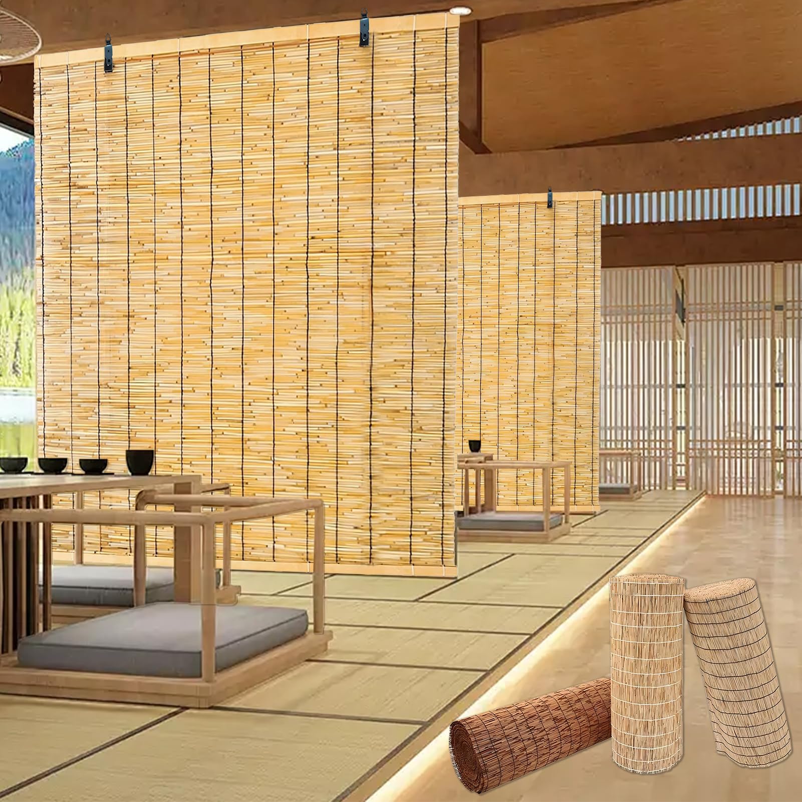 KwuSeug Outdoor Roller Blinds Waterproof Bamboo Blinds for Windows Natural Wide Door Curtain Sunshade Reed Curtains in Bamboo Roller Blinds With Lifter Roman Blinds for Kitchen Fencing Screen