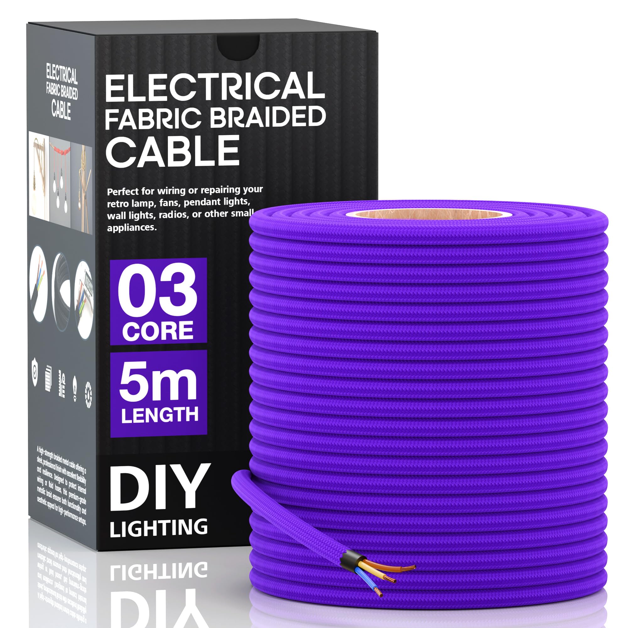 LEDSone 3 Core Round 5 Meter Purple Fabric Braided Flex Lighting Cable, Vintage Electrical Cable Wire Flexible Fabric DIY Electrical Wire for Lamps, Flex Cables for Appliances (Purple) — image 1